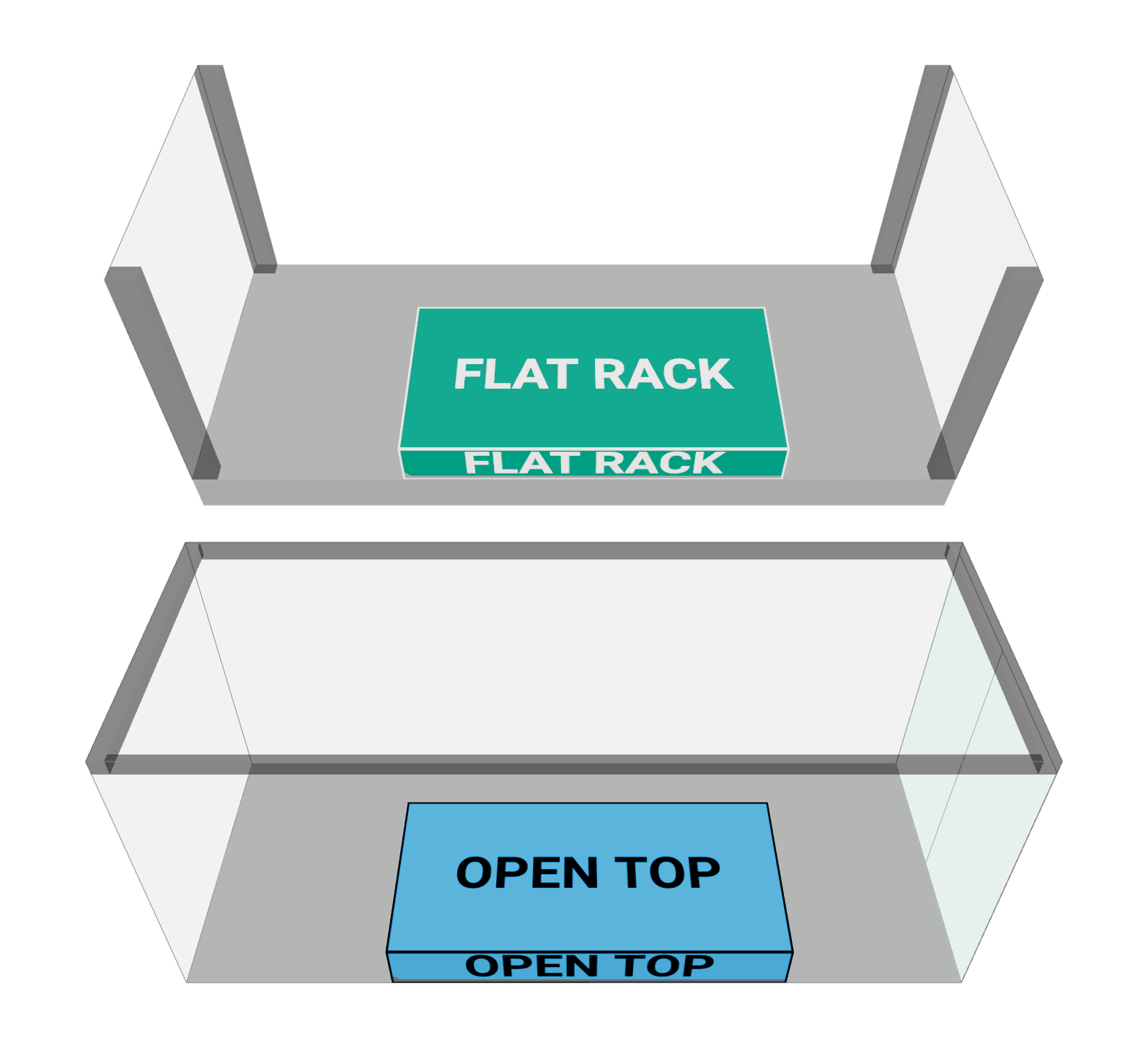 A flat rack and an open top, showing the corner posts and walls a plan loads around
