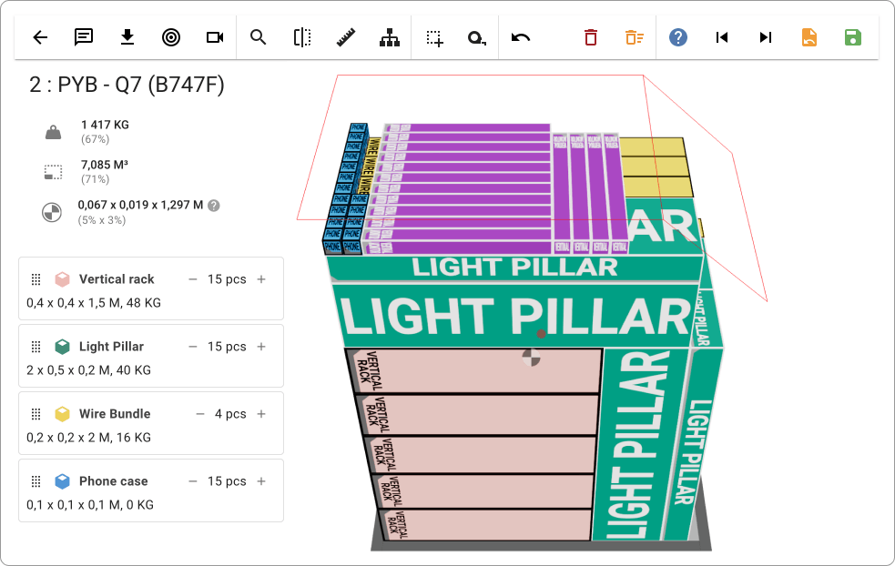 A ULD open in the interactive workspace, with its cargo list and utilisation beside it