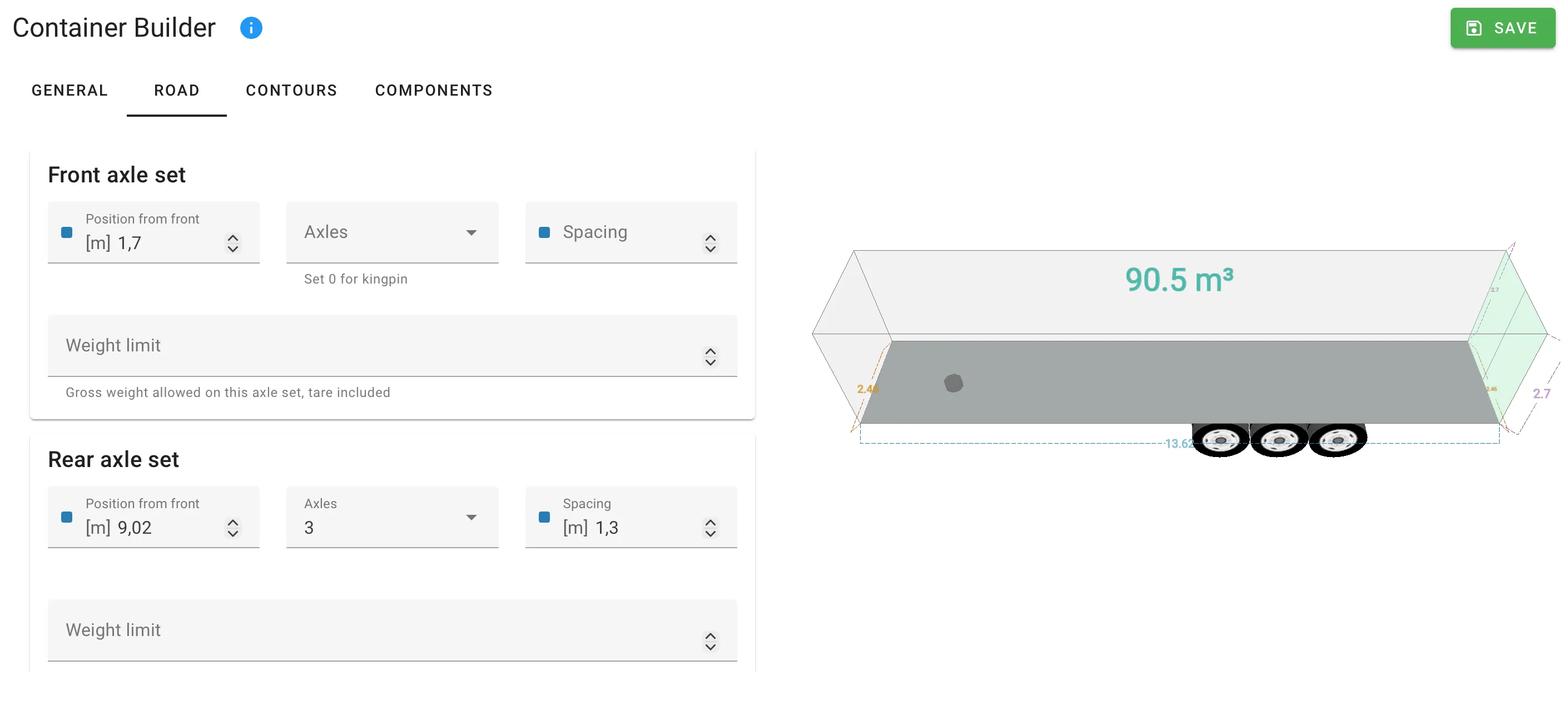 Front and Rear axle set cards on the Road tab