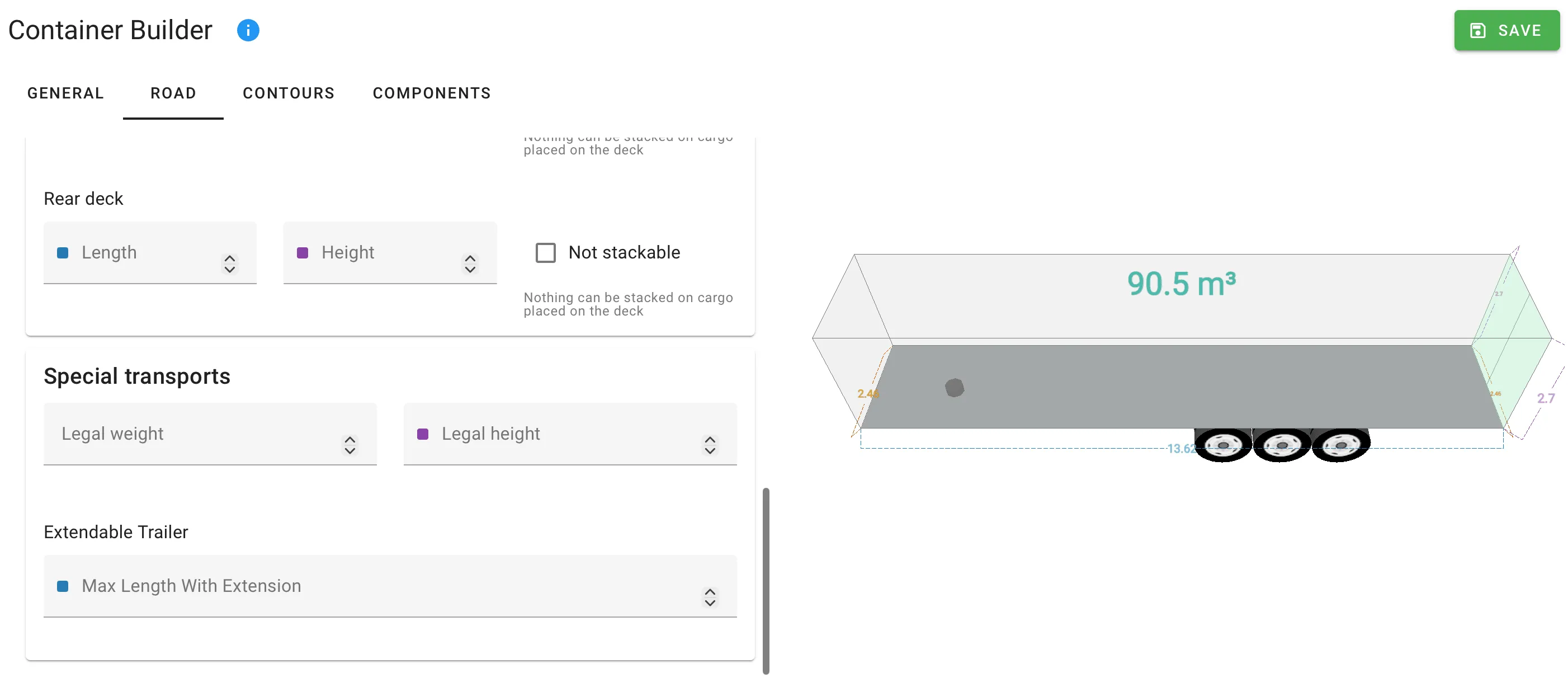 Special transports card with Legal weight, Legal height and Extendable trailer fields