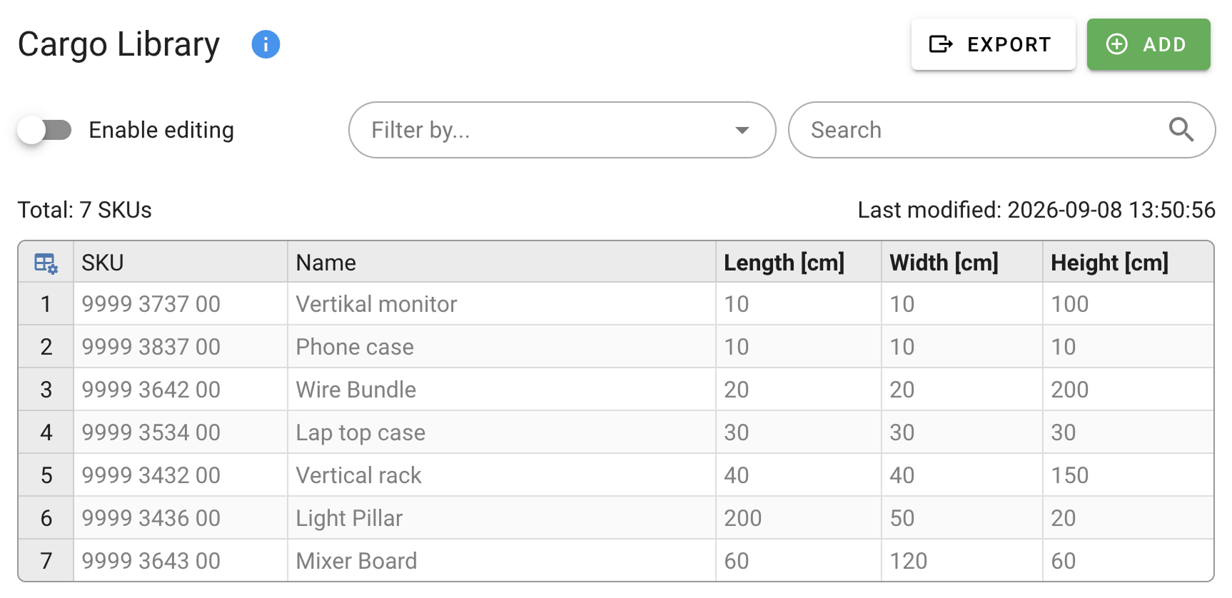 The cargo library, listing saved SKUs with their dimensions