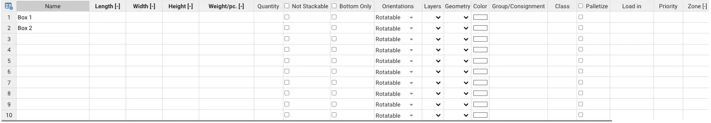 Cargo properties table