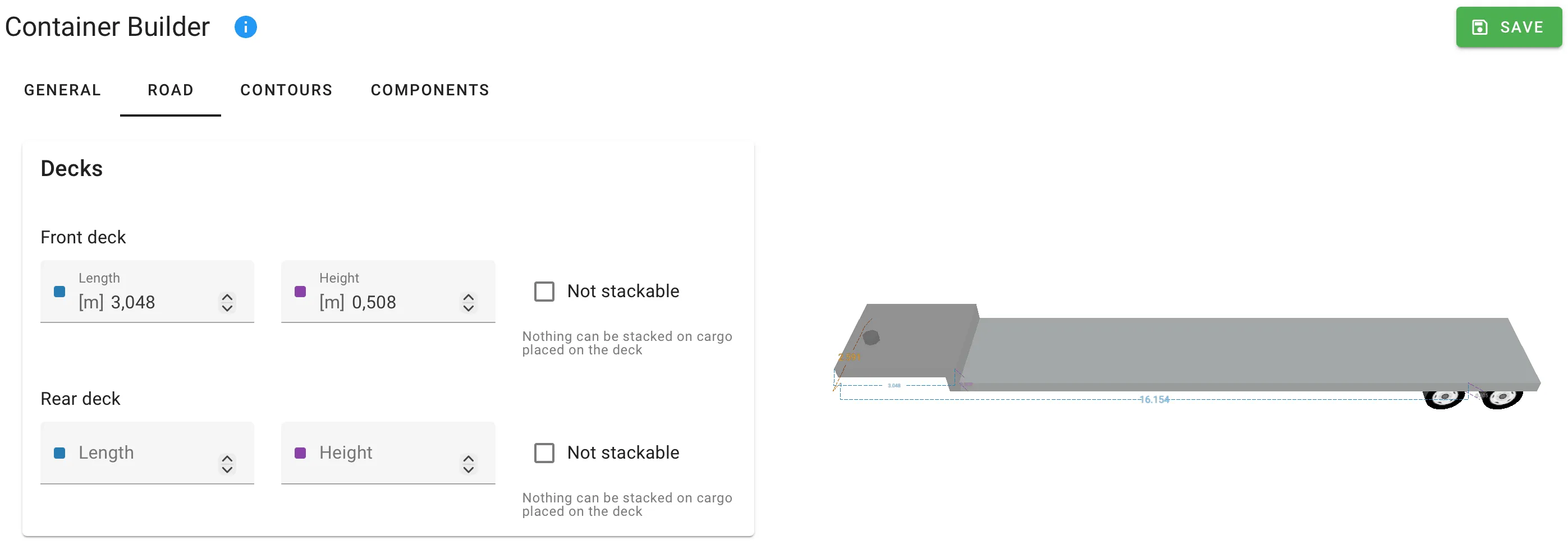 Decks card and 3D preview of a step-deck trailer