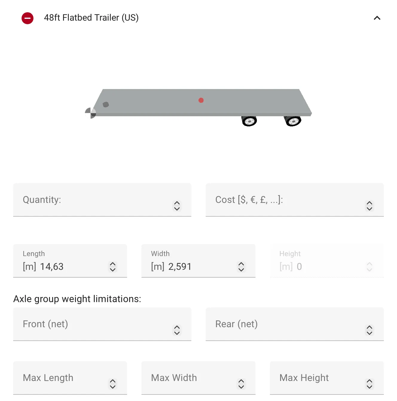 Expanded view of selected equipment with max length, width, height visible