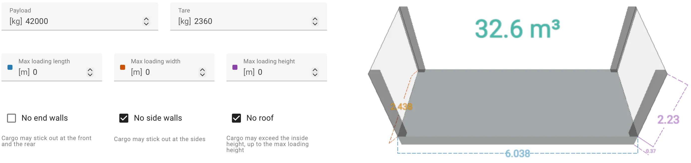 Container editor with the No end walls, No side walls and No roof toggles