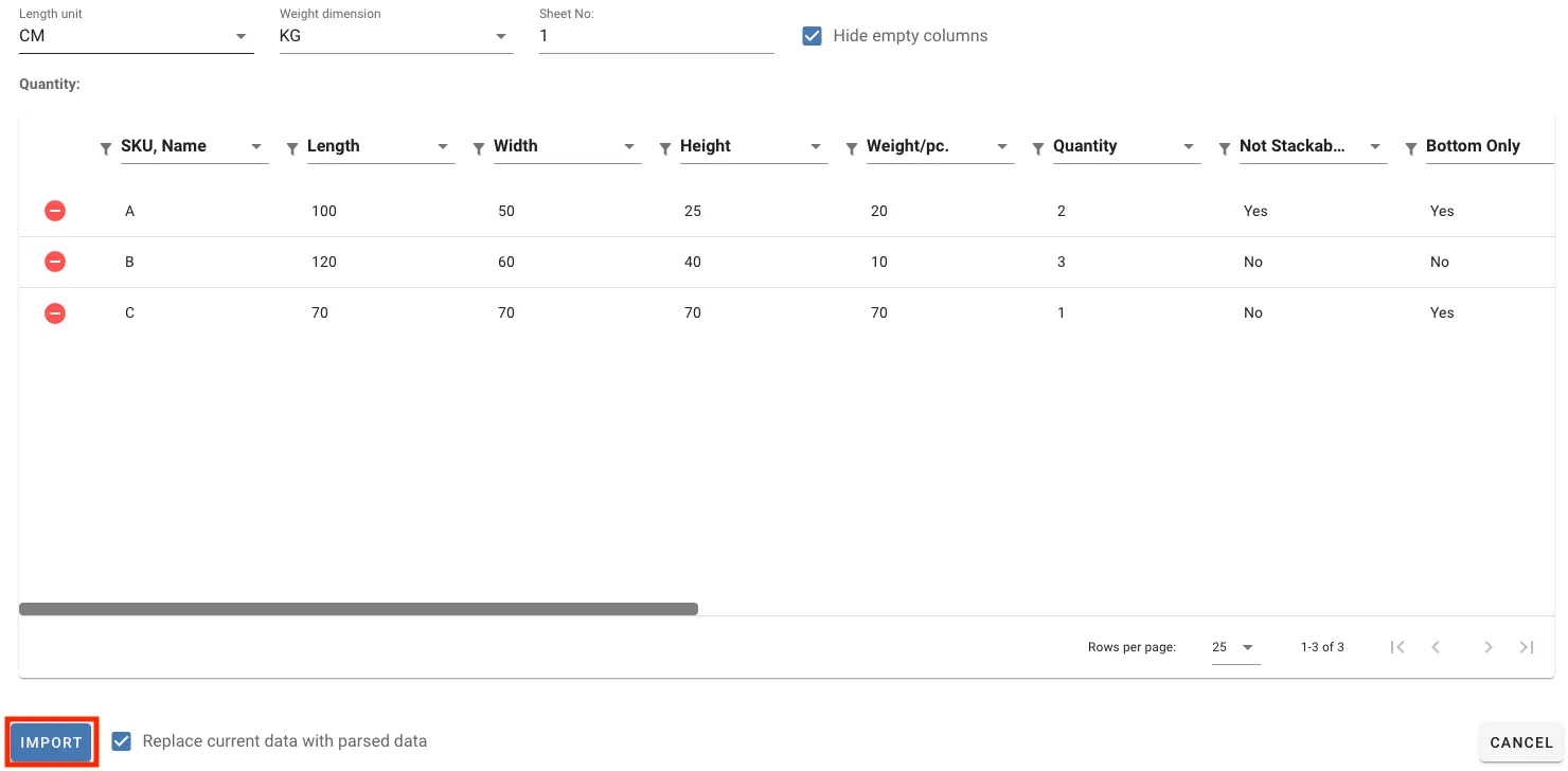 Excel table preview import button highlighted