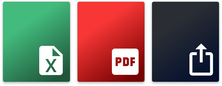 Excel, PDF and share-link icons — the three ways a plan leaves