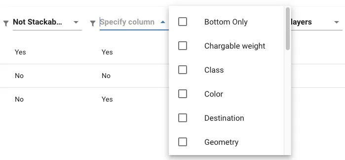 Set cargo properties selection for column