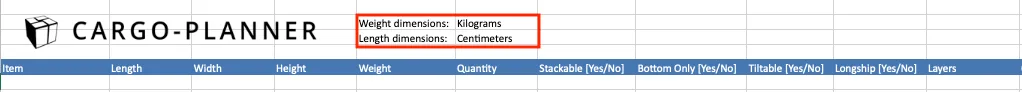 Excel template with highlighted dimensions