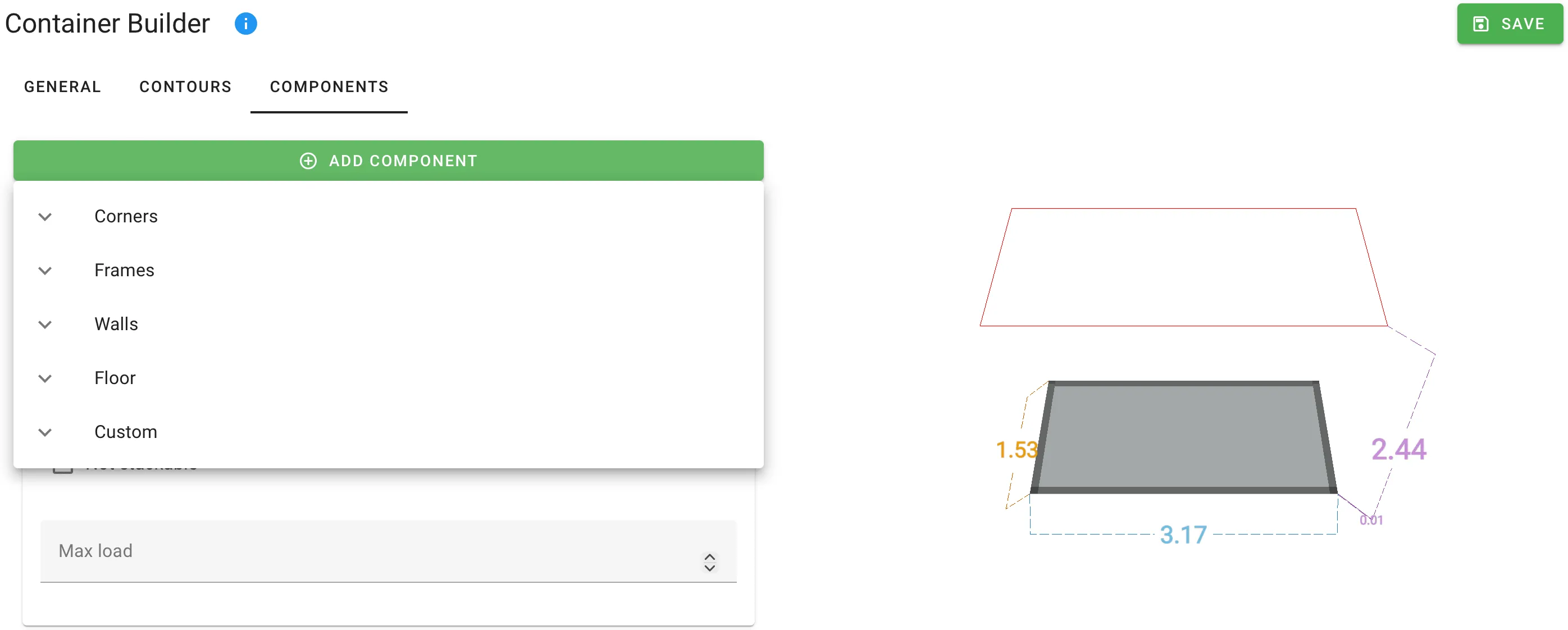 Add Component menu open, showing Corners, Frames, Walls, Floor and Custom categories