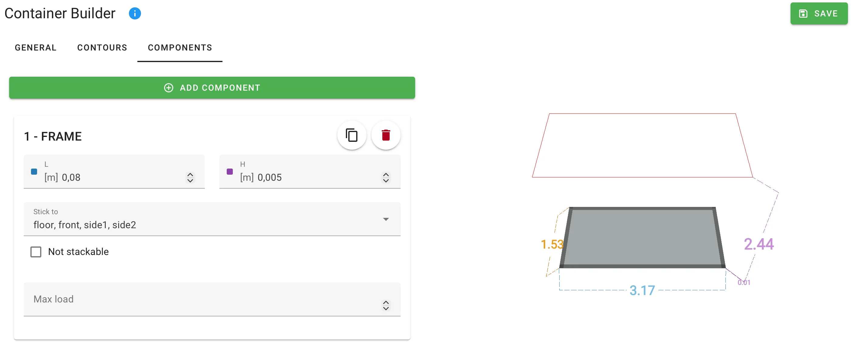 A frame component in the container editor, showing the field layout