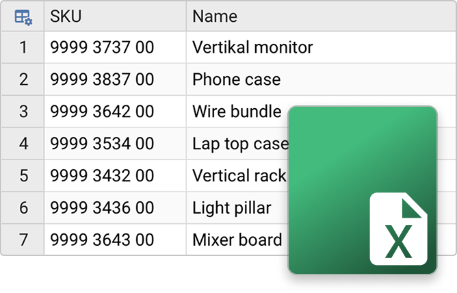A packing list of SKUs being imported from an Excel file