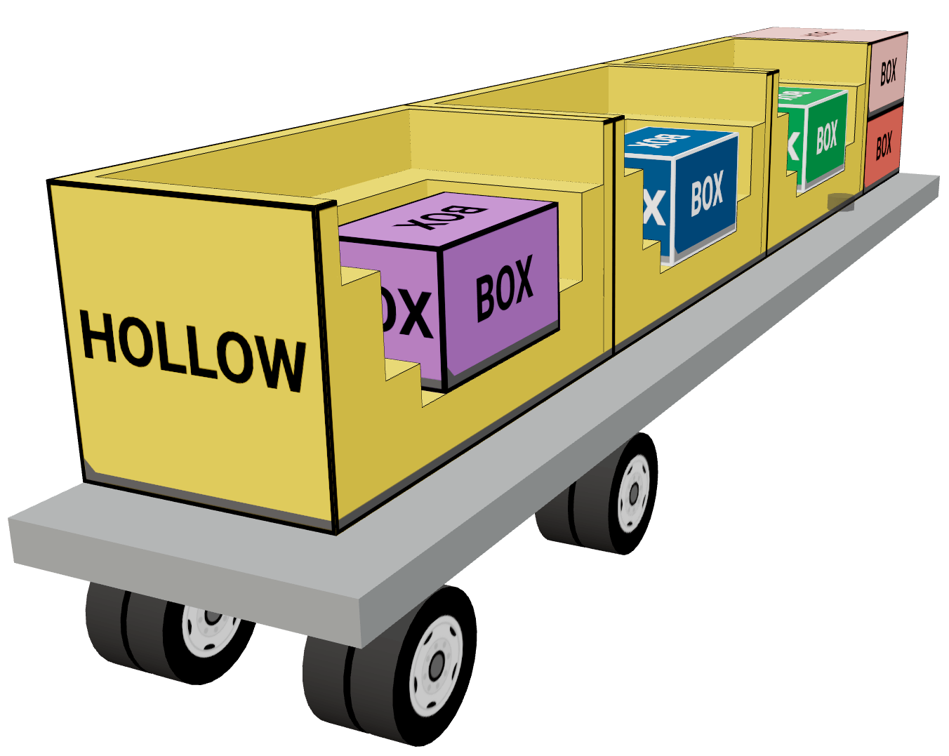 A hollow cargo item on a trailer, with boxes loaded into its cavities