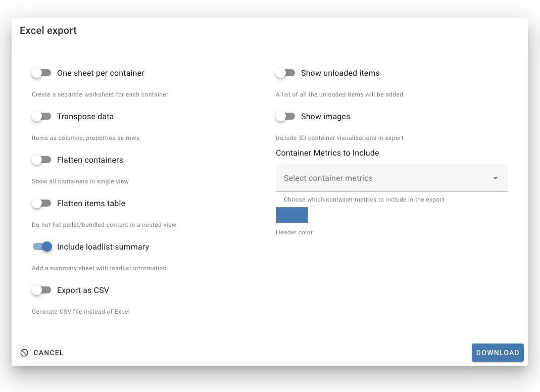 Excel export settings dialog