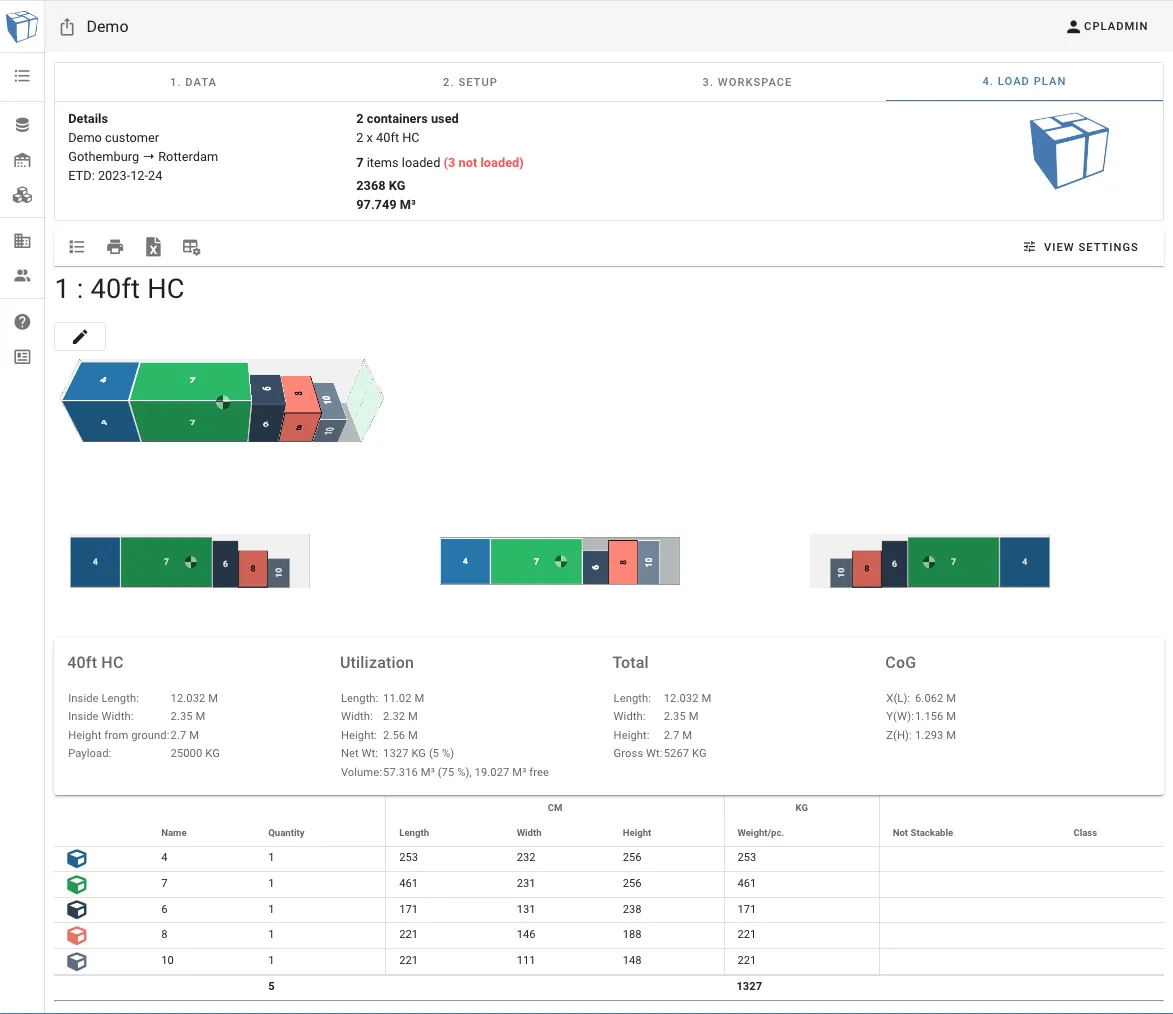 Load plan with sea containers