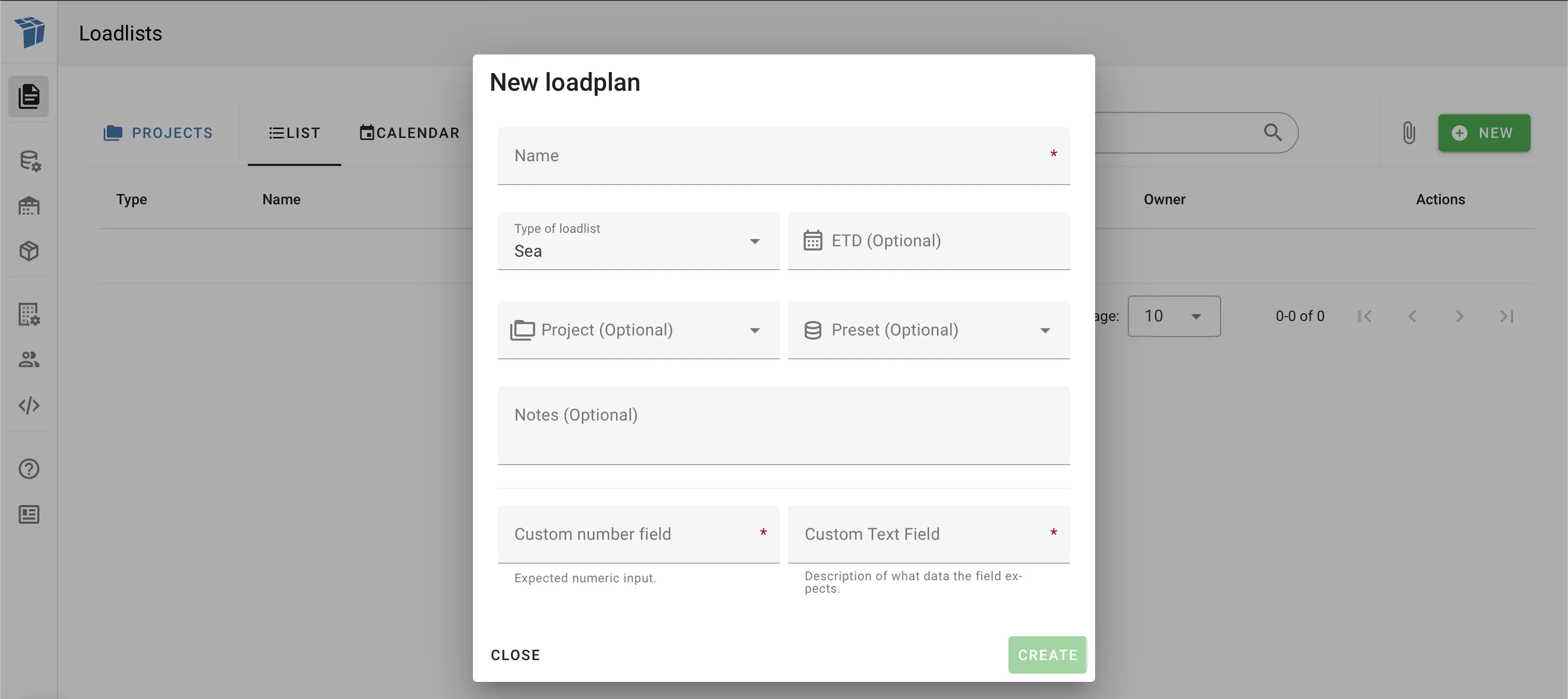New list dialog