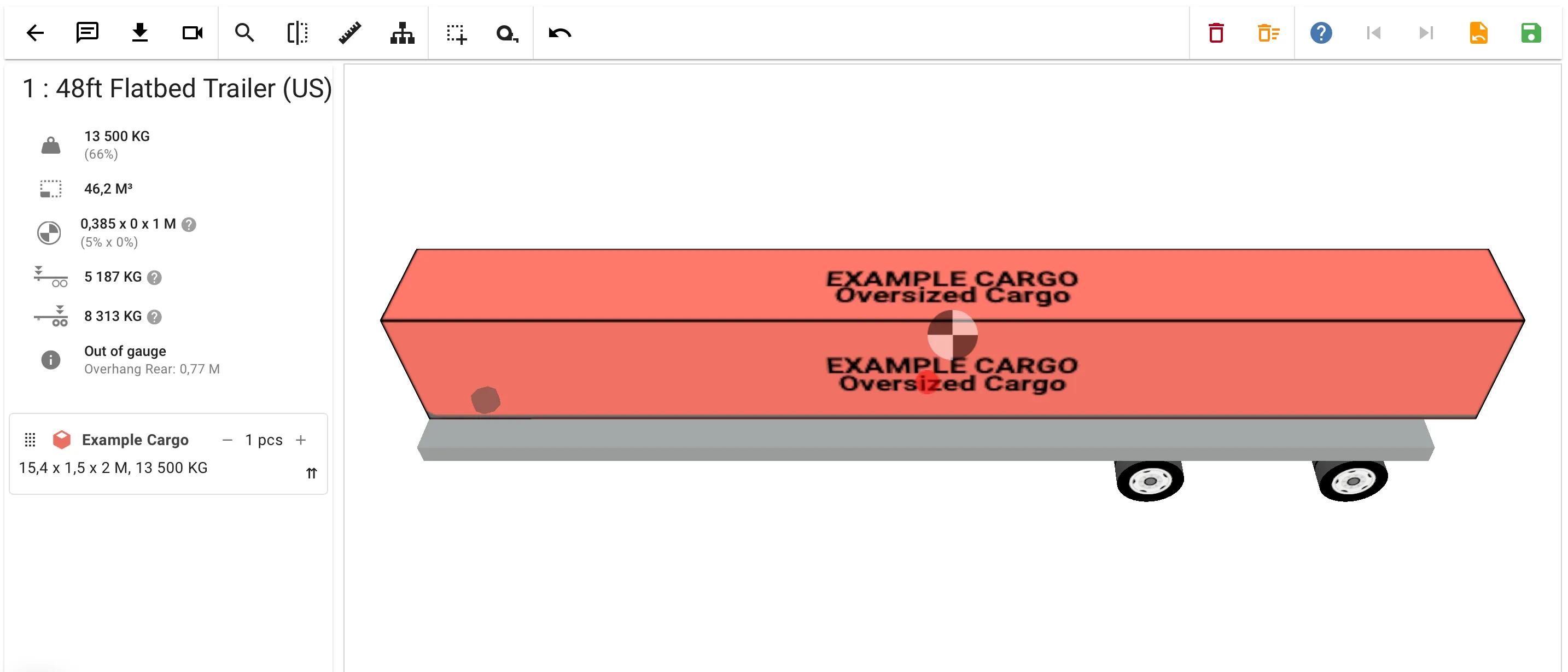 Interactive view of a trailer with out-of-gauge cargo overhanging the rear