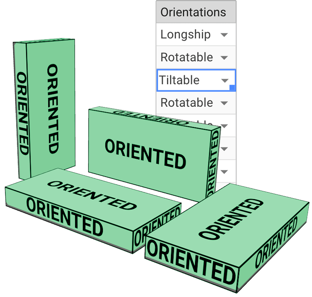 The orientation setting per cargo: longship, rotatable or tiltable