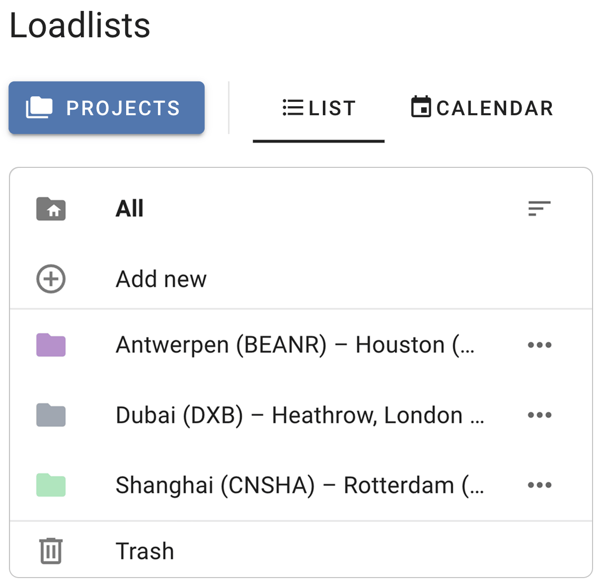 Load lists grouped into projects, named by freight route