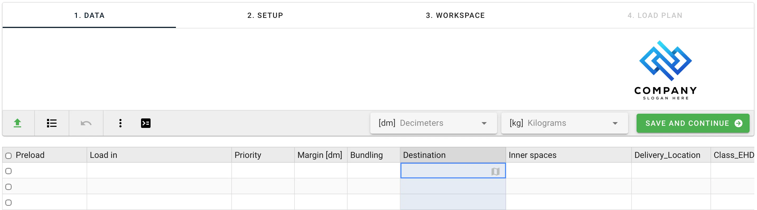 Destination column in the data grid with several stops filled in