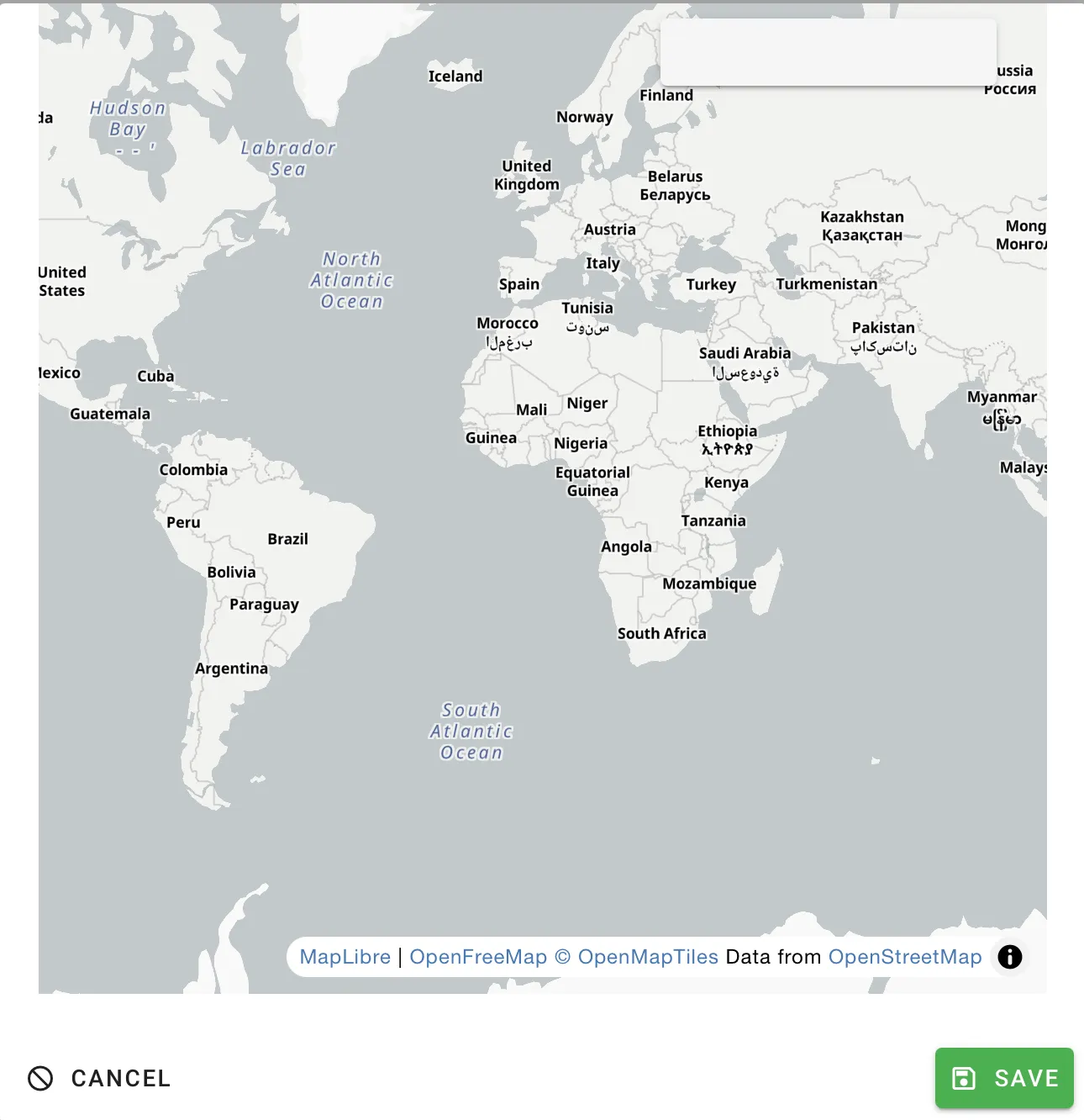 Destination map dialog with a search hit selected