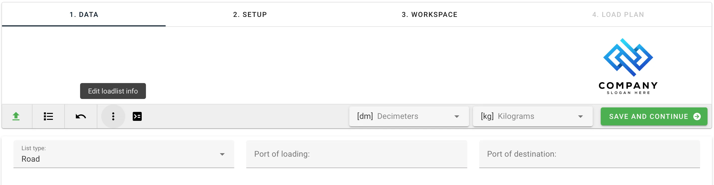 Edit loadlist info panel with Port of loading and Port of destination fields
