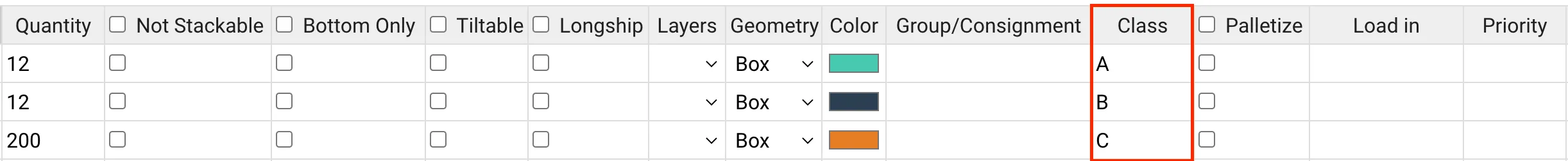 Segregation table - cargo data input column