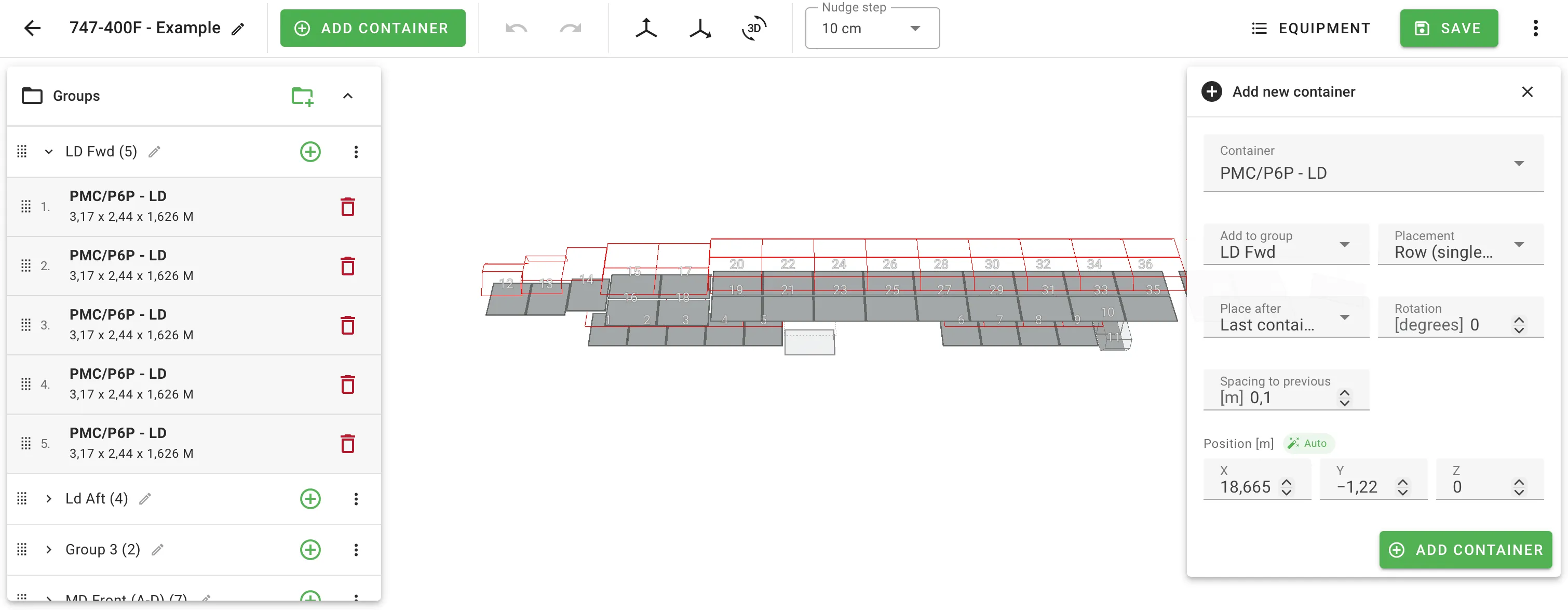 Add container panel with Placement, Place after, Rotation and Spacing fields