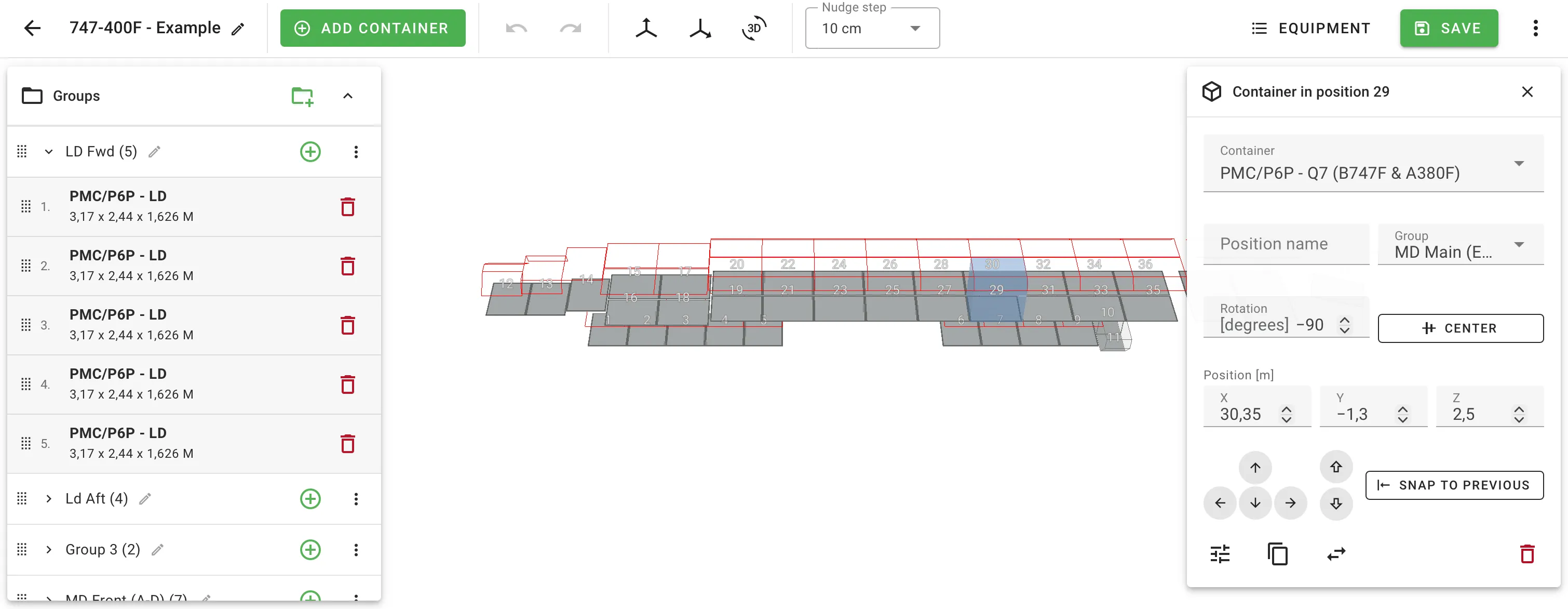 Inspector panel open on a selected container with the nudge pad and position controls