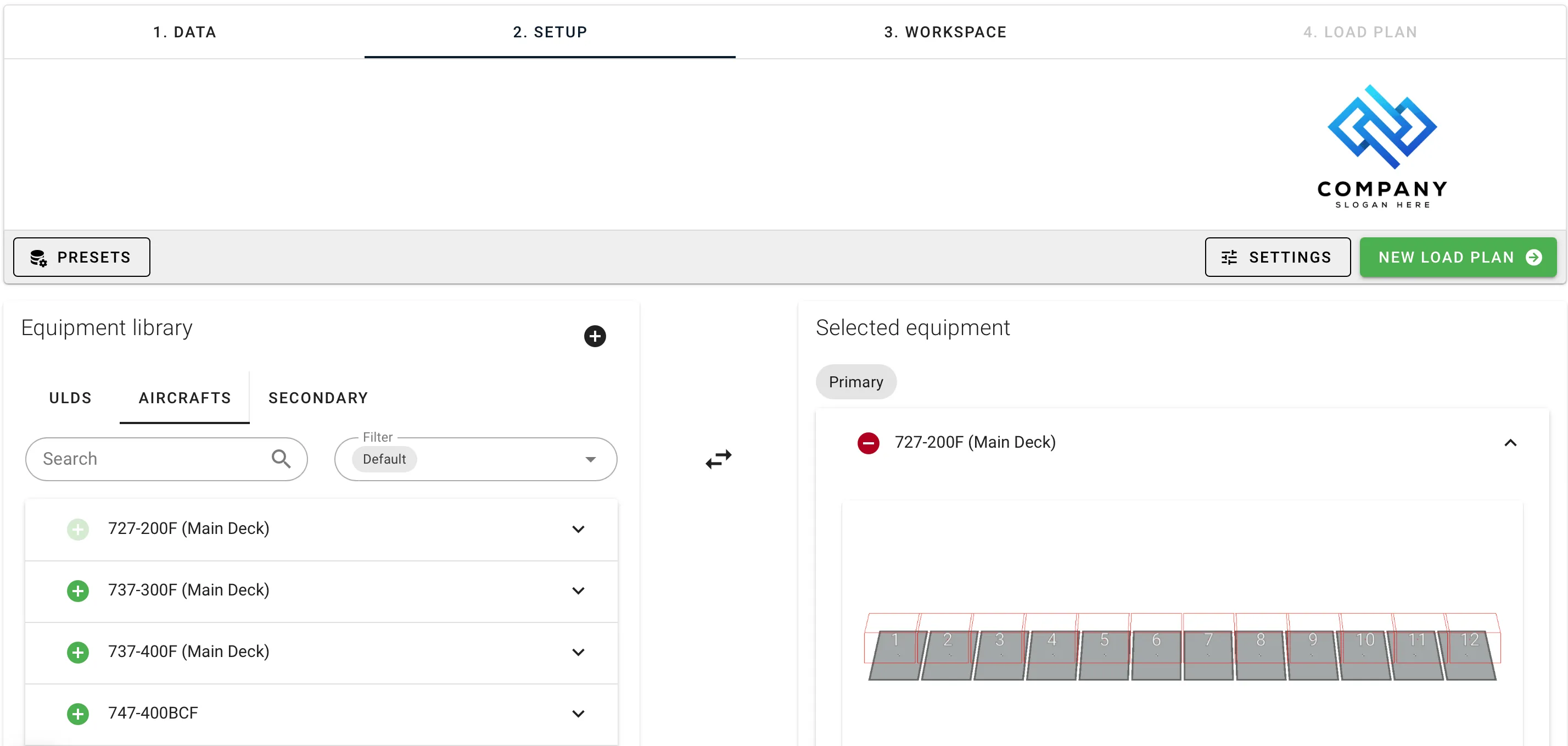 Setup step of a load plan with the Sets tab open, showing available set types