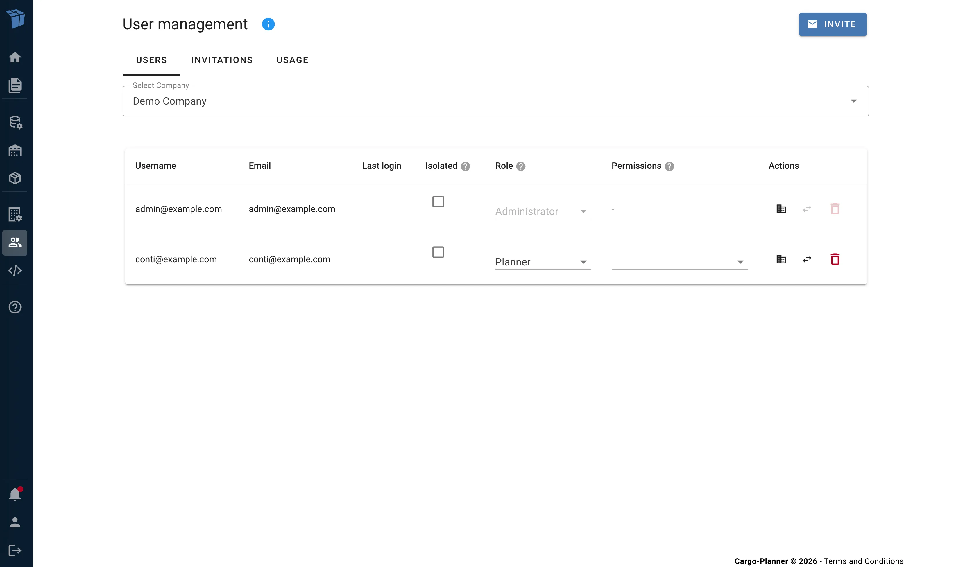 User management in the toolbar